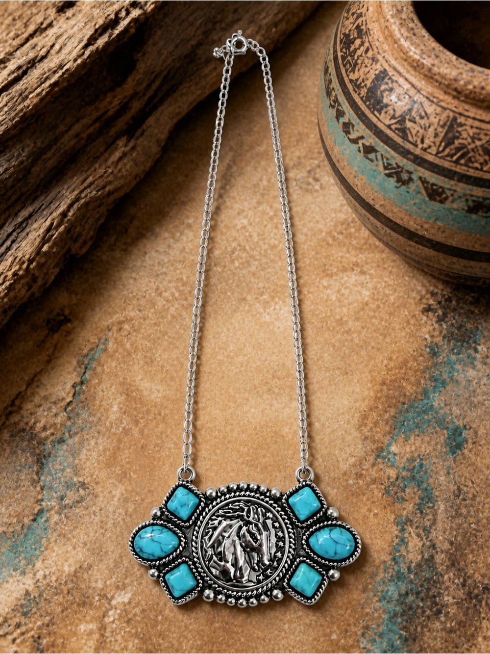 Silver-Tone Turquoise Horse Medallion Necklace - Women Jewelry